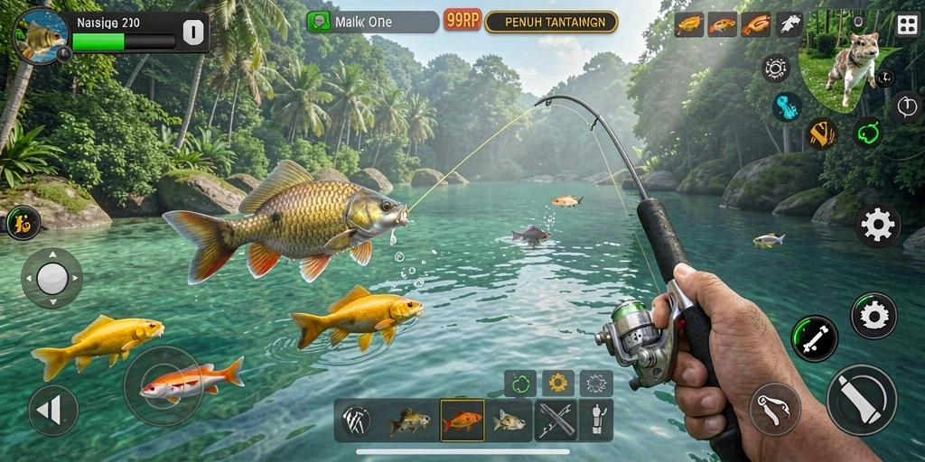 Screenshot gameplay 99RP dengan tampilan pemandangan laut dan ikan.