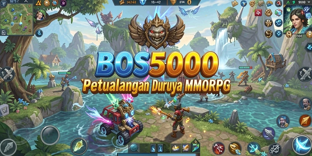 Tangkapan layar utama BOS5000 menampilkan pertarungan seru dalam dunia MMORPG.